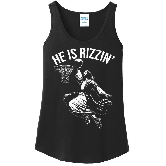 He Is Rizzin Funny Jesus Christ Basketball Player Dunking Ladies Essential Tank