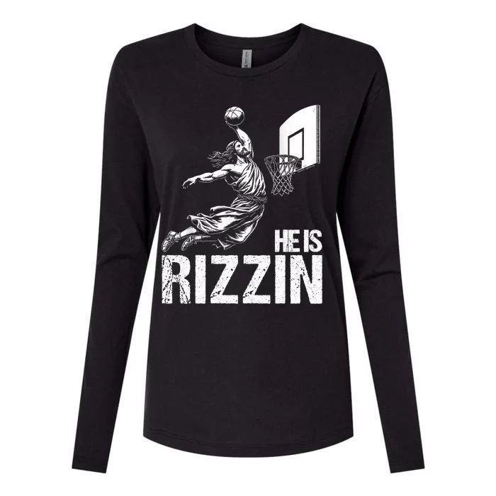 He Is Rizzin Funny Jesus Playing Basketball Meme Womens Cotton Relaxed Long Sleeve T-Shirt