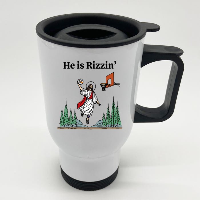 He Is Rizzin Funny Easter Day Jesus Playing Basketball Front & Back Stainless Steel Travel Mug