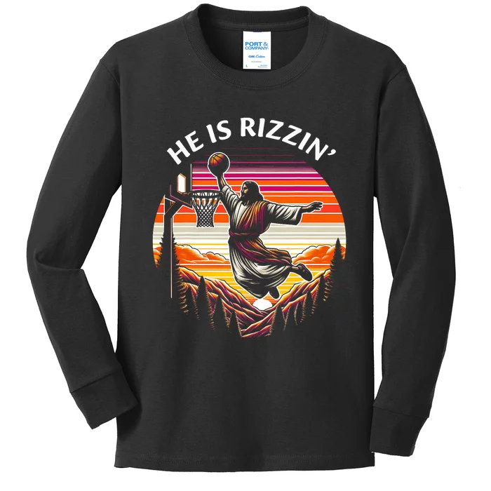 He Is Rizzin Jesus Basketball Easter Christian Kids Long Sleeve Shirt