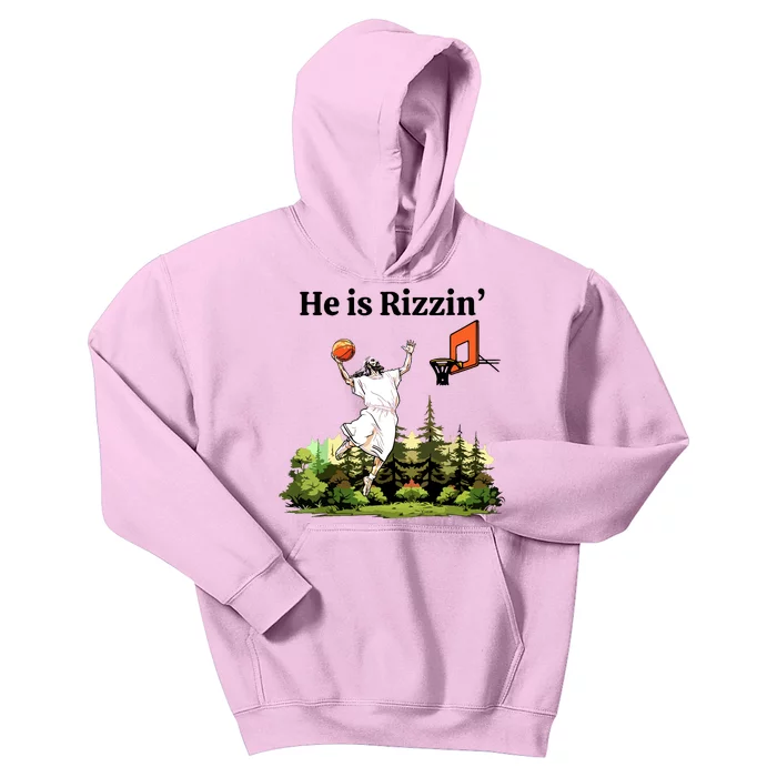 He Is Rizzin Funny Easter Day Jesus Playing Basketball Kids Hoodie