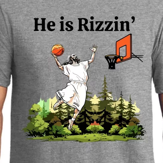 He Is Rizzin Funny Easter Day Jesus Playing Basketball Pajama Set