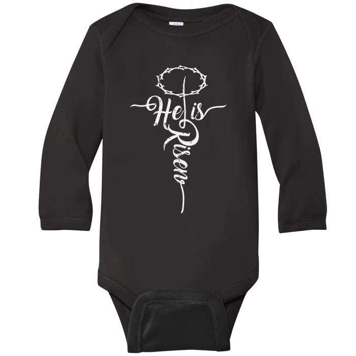 He Is Risen Cross Jesus Religious Easter Day Christians Baby Long Sleeve Bodysuit