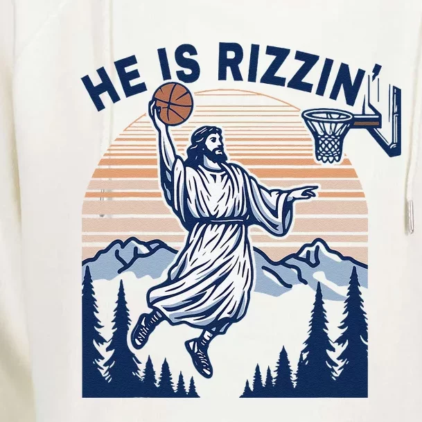 He Is Rizzin Funny Jesus Playing Basketball Meme Christian Womens Funnel Neck Pullover Hood