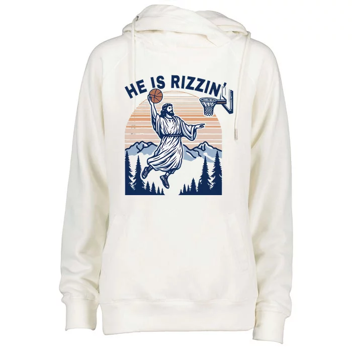 He Is Rizzin Funny Jesus Playing Basketball Meme Christian Womens Funnel Neck Pullover Hood