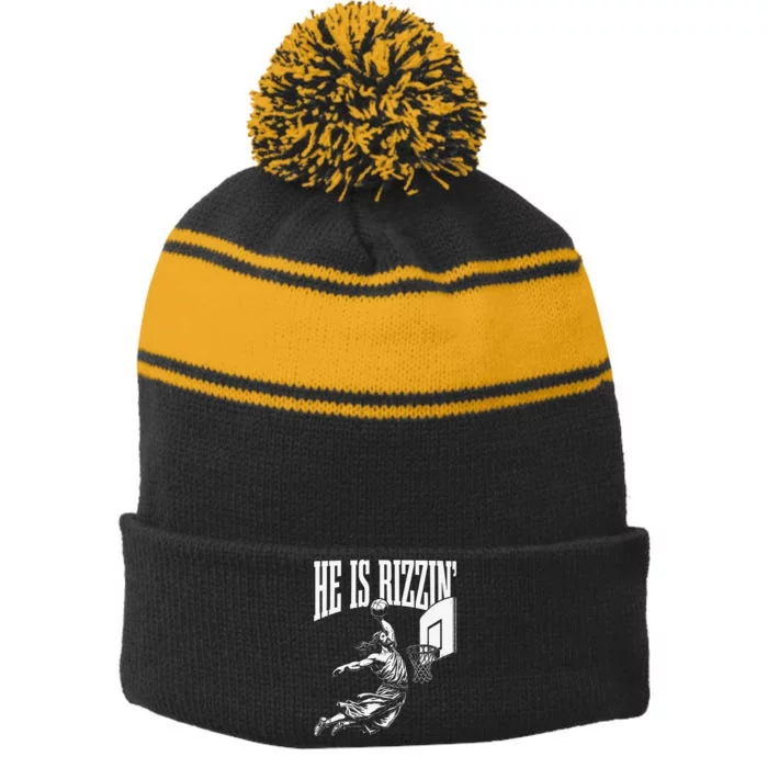 He Is Rizzin Funny Jesus Basketball Meme Stripe Pom Pom Beanie