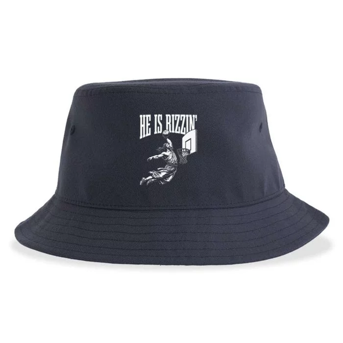 He Is Rizzin Funny Jesus Basketball Meme Sustainable Bucket Hat