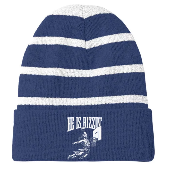 He Is Rizzin Funny Jesus Basketball Meme Striped Beanie with Solid Band