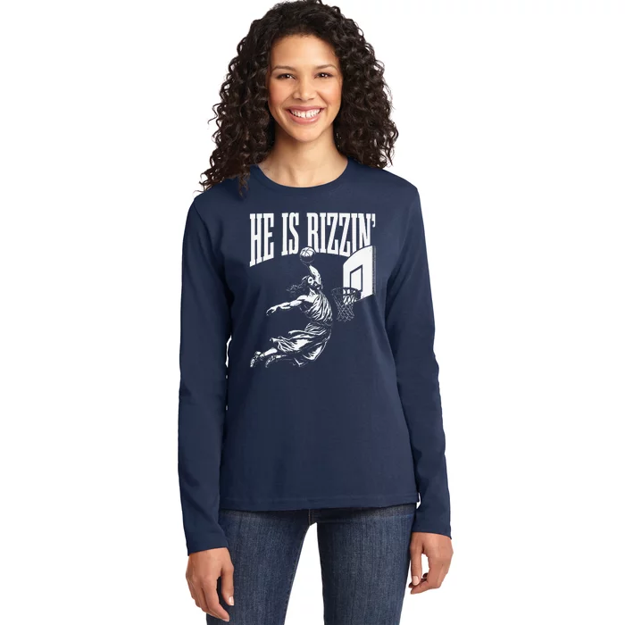 He Is Rizzin Funny Jesus Basketball Meme Ladies Long Sleeve Shirt