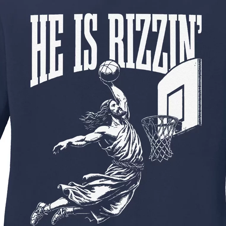 He Is Rizzin Funny Jesus Basketball Meme Ladies Long Sleeve Shirt