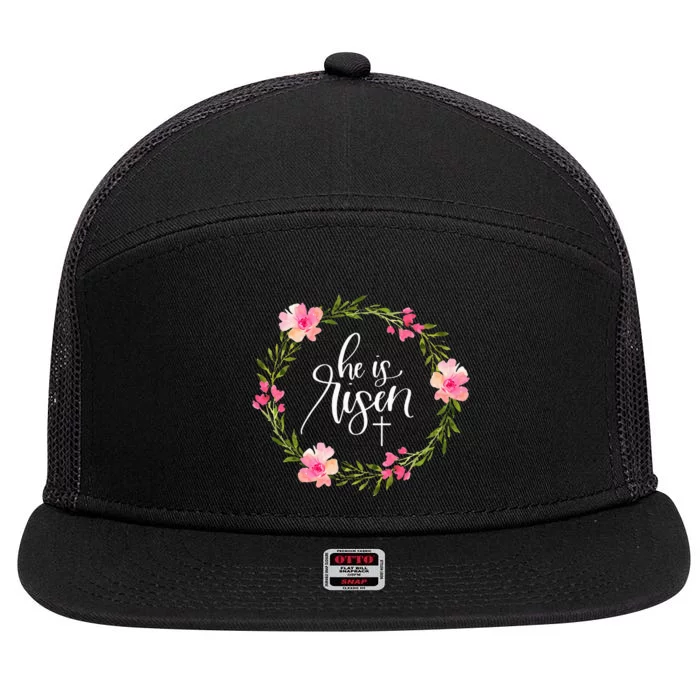 He Is Risen Jesus Christian Happy Easter Floral Wreath 7 Panel Mesh Trucker Snapback Hat