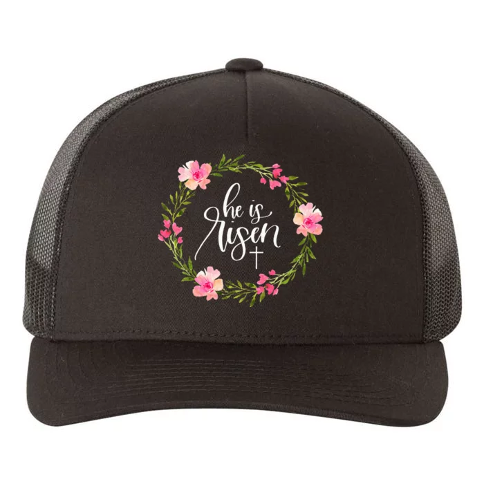 He Is Risen Jesus Christian Happy Easter Floral Wreath Yupoong Adult 5-Panel Trucker Hat