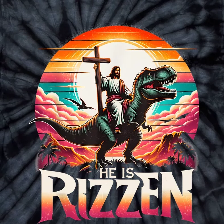 He Is Rizzen Jesus Has Rizzen Retro Christian Dinosaur Tie-Dye T-Shirt