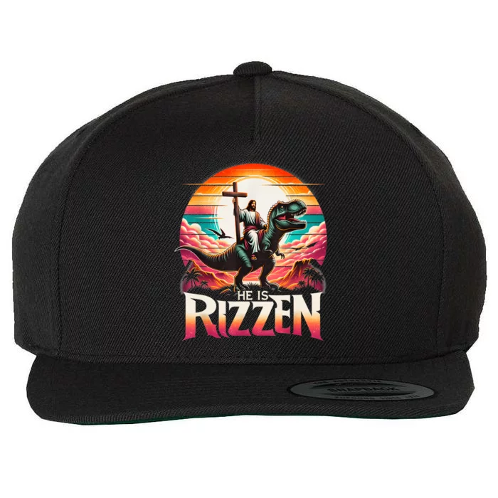 He Is Rizzen Jesus Has Rizzen Retro Christian Dinosaur Wool Snapback Cap