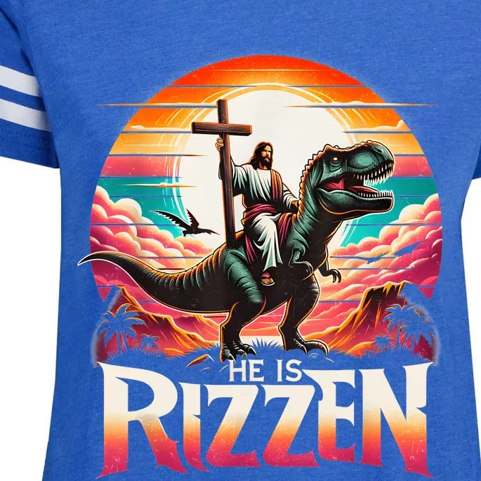 He Is Rizzen Jesus Has Rizzen Retro Christian Dinosaur Enza Ladies Jersey Football T-Shirt