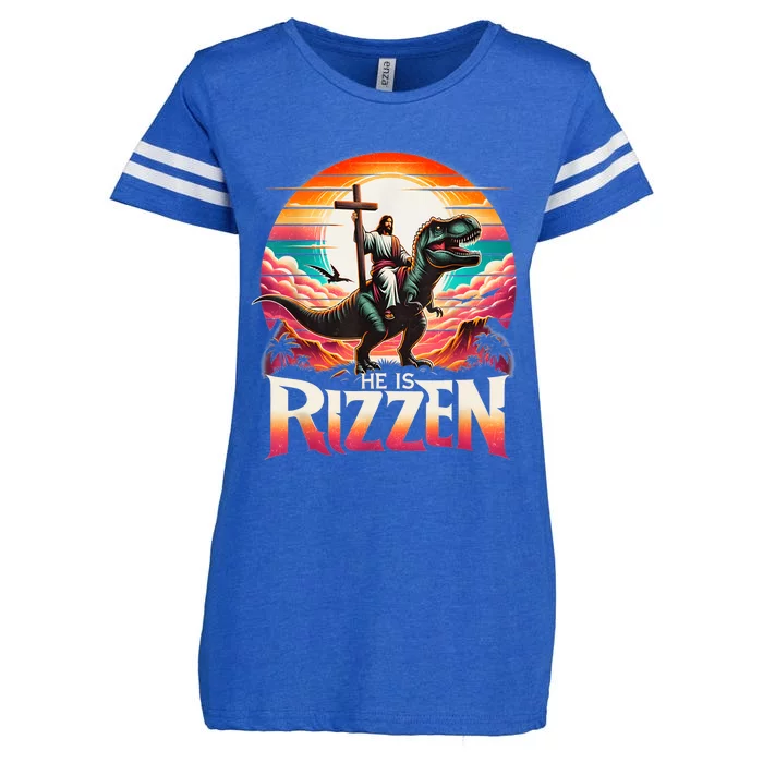 He Is Rizzen Jesus Has Rizzen Retro Christian Dinosaur Enza Ladies Jersey Football T-Shirt