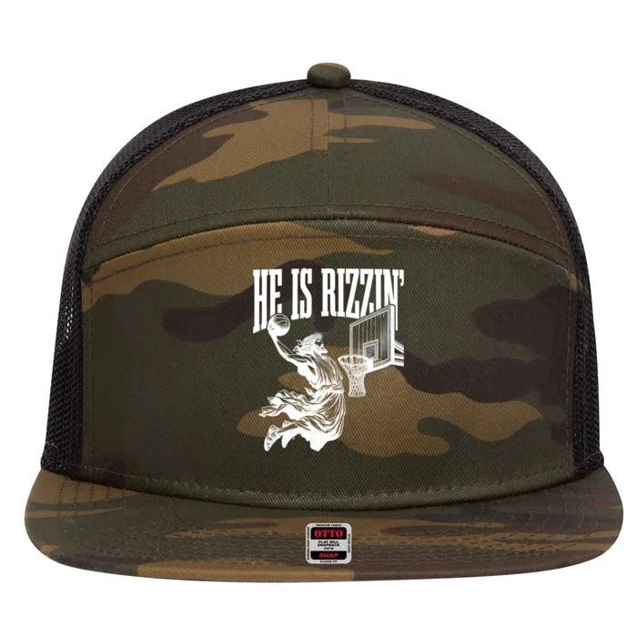 He Is Rizzin Funny Jesus Basketball Easter Meme 7 Panel Mesh Trucker Snapback Hat