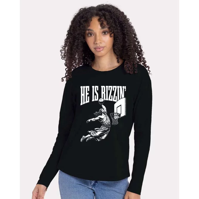 He Is Rizzin Funny Jesus Basketball Meme Womens Cotton Relaxed Long Sleeve T-Shirt