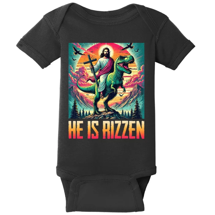 He Is Rizzen Jesus Riding Trex Retro Christian Dinosaur Baby Bodysuit