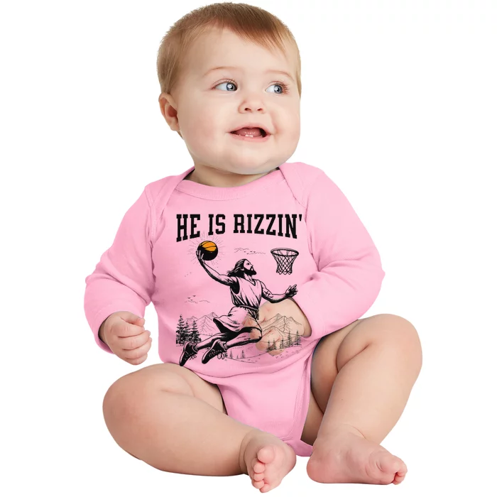 He Is Risen Rizzin Easter Jesus Christian Faith Basketball Baby Long Sleeve Bodysuit