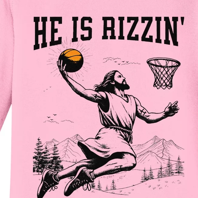 He Is Risen Rizzin Easter Jesus Christian Faith Basketball Baby Long Sleeve Bodysuit