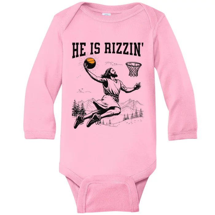 He Is Risen Rizzin Easter Jesus Christian Faith Basketball Baby Long Sleeve Bodysuit