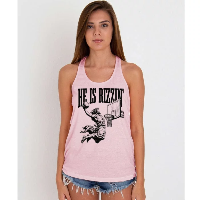 He Is Rizzin Funny Jesus Basketball Easter Meme Women's Knotted Racerback Tank