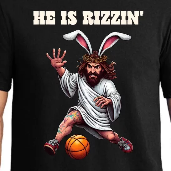 He Is Rizzen Funny Easter Bunny Ear Jesus Playing Basketball Pajama Set