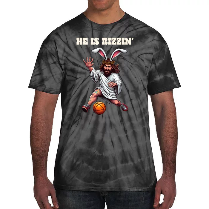 He Is Rizzen Funny Easter Bunny Ear Jesus Playing Basketball Tie-Dye T-Shirt