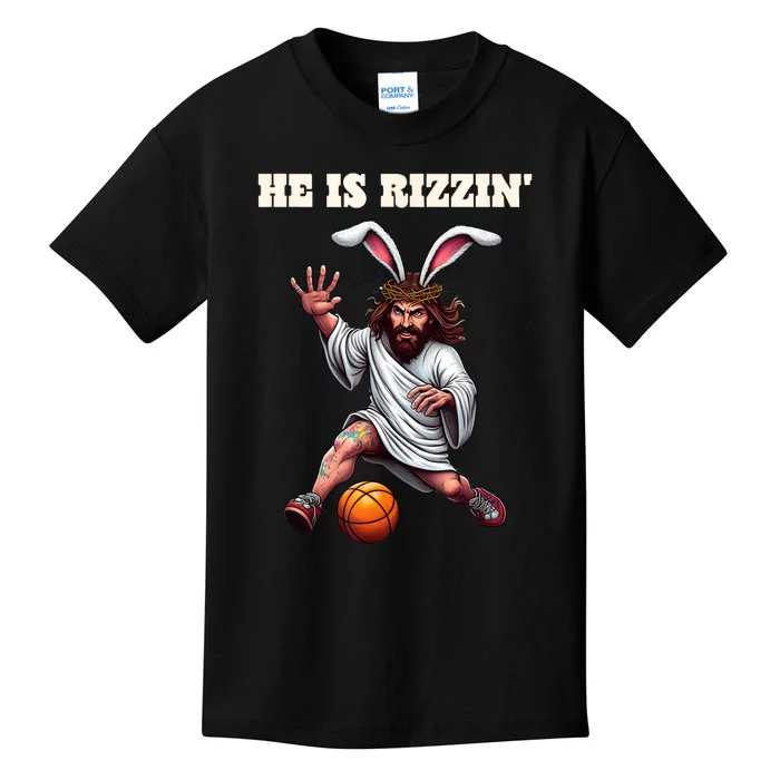 He Is Rizzen Funny Easter Bunny Ear Jesus Playing Basketball Kids T-Shirt