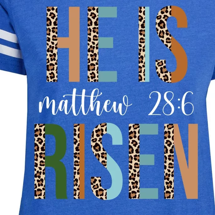 He Is Risen Matthew Bible Verse Enza Ladies Jersey Football T-Shirt