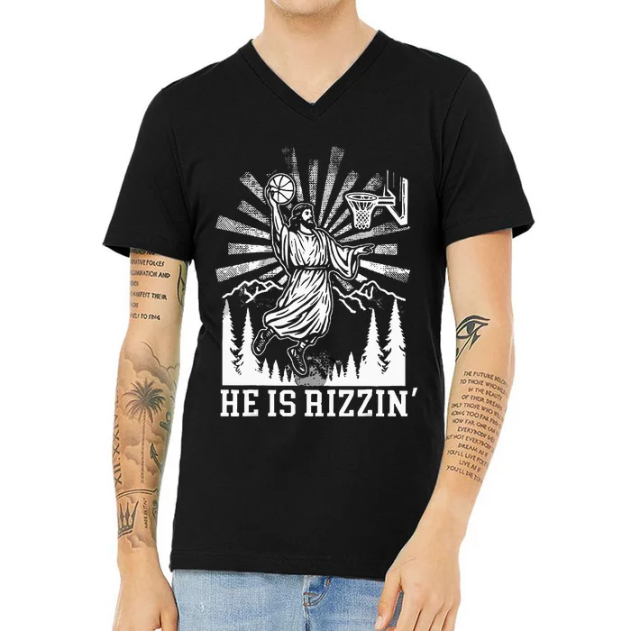 He Is Rizzin Funny Jesus Basketball Christian Religious V-Neck T-Shirt