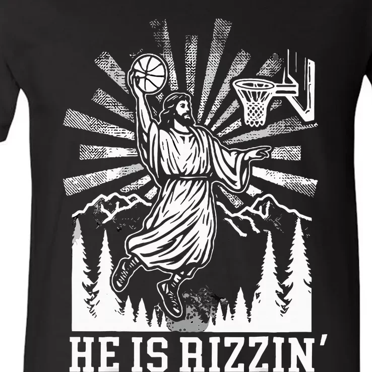 He Is Rizzin Funny Jesus Basketball Christian Religious V-Neck T-Shirt