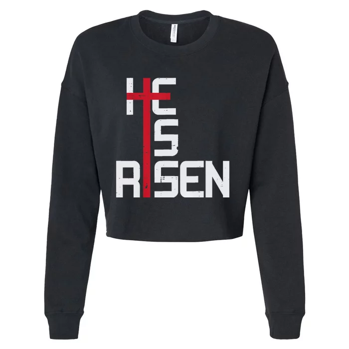 He Is Risen Cross Jesus Easter Christian Religious Men Teens Cropped Pullover Crew