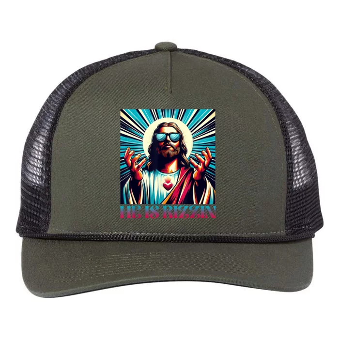 He Is Rizzin Happy Easter Day Jesus Is Risen Retro Rope Trucker Hat Cap