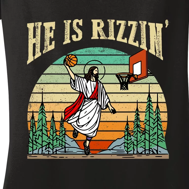 He Is Rizzin Funny Basketball Easter Christian Religious Women's V-Neck T-Shirt