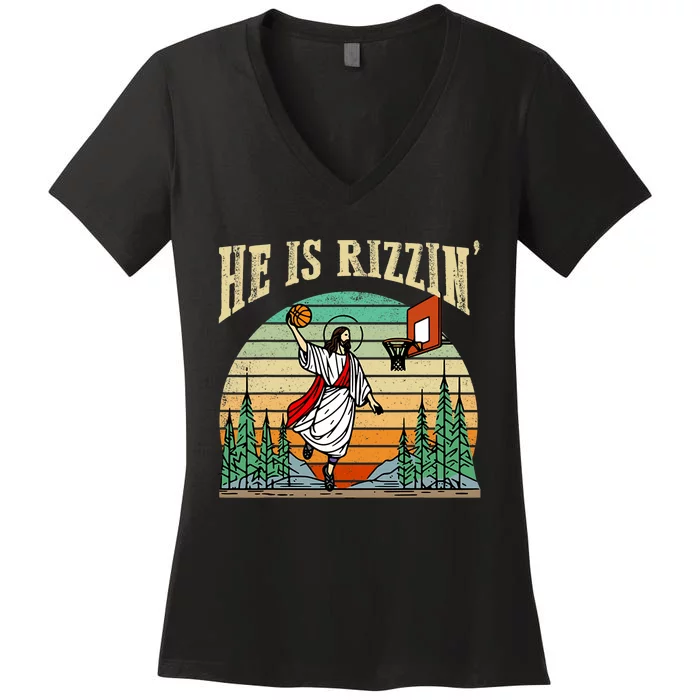 He Is Rizzin Funny Basketball Easter Christian Religious Women's V-Neck T-Shirt