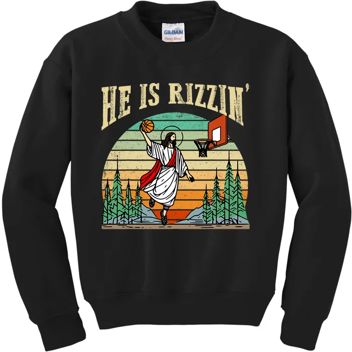 He Is Rizzin Funny Basketball Easter Christian Religious Kids Sweatshirt