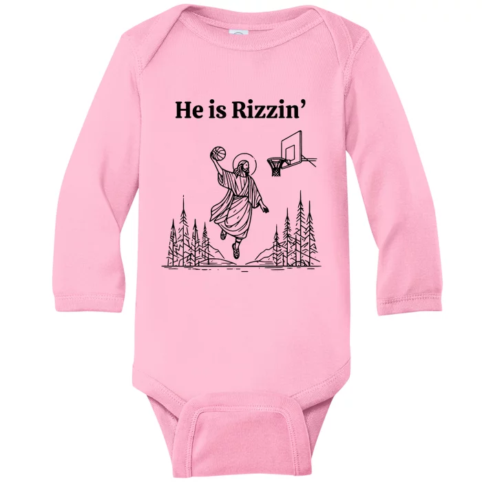 He Is Rizzin Funny Jesus Playing Basketball Baby Long Sleeve Bodysuit