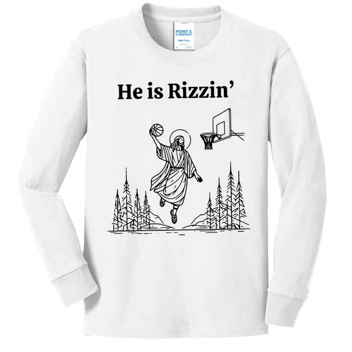 He Is Rizzin Funny Basketball Retro Christian Religious Kids Long Sleeve Shirt