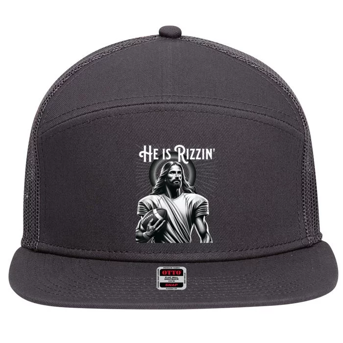 He Is Rizzin Jesus Playing Football Funny Sports Rizz 7 Panel Mesh Trucker Snapback Hat