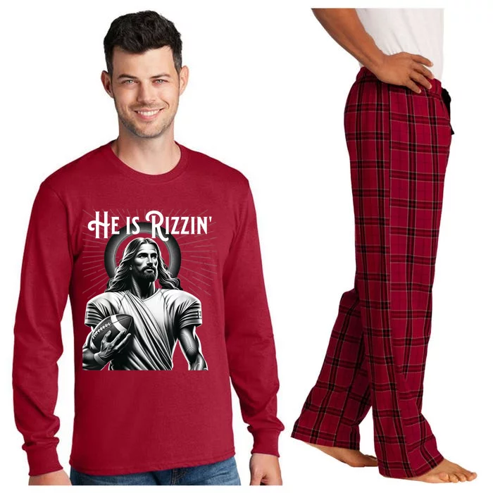 He Is Rizzin Jesus Playing Football Funny Sports Rizz Long Sleeve Pajama Set