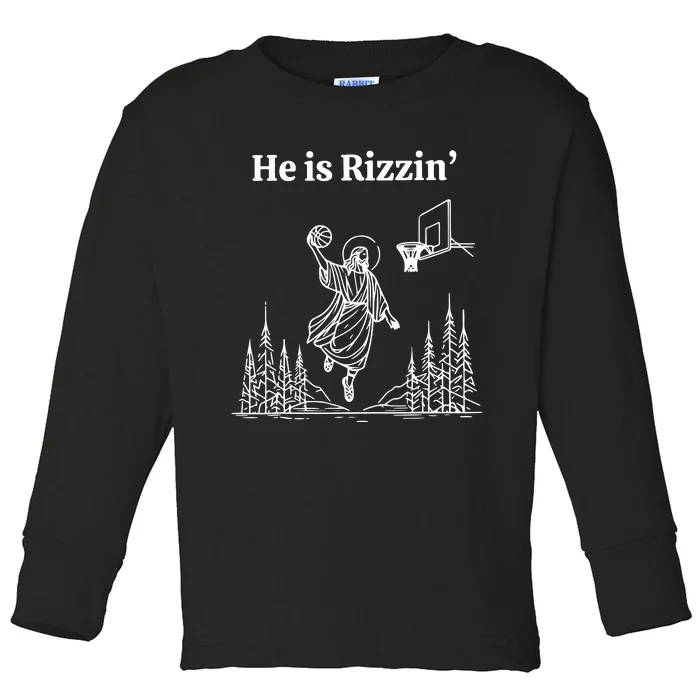 He Is Rizzin Funny Basketball Retro Christian Religious Toddler Long Sleeve Shirt