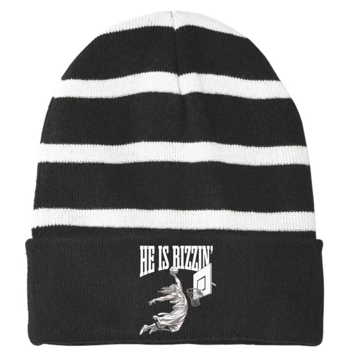 He Is Rizzin Basketball Jesus Dunk Memes Humor Striped Beanie with Solid Band