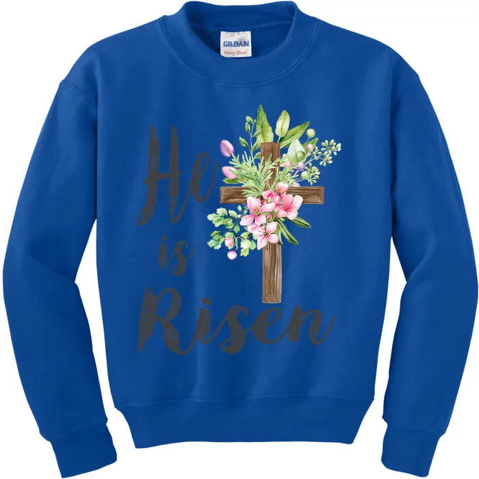 He Is Risen Floral Cross Vintage Happy Easter Day Gift Kids Sweatshirt