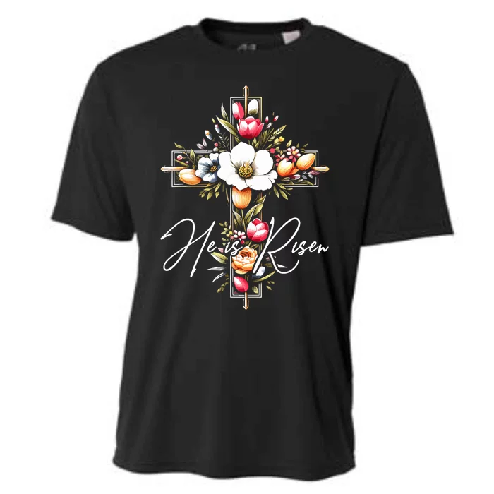 He Is Risen Jesus Christian Happy Easter Floral Cross Cooling Performance Crew T-Shirt