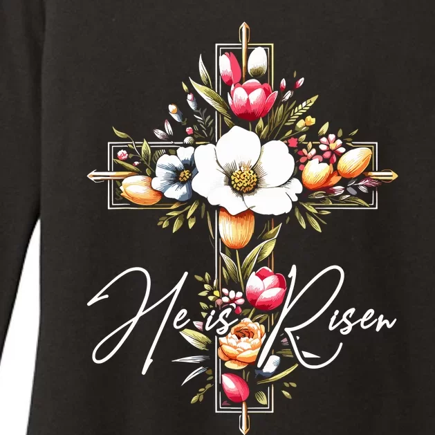 He Is Risen Jesus Christian Happy Easter Floral Cross Womens CVC Long Sleeve Shirt