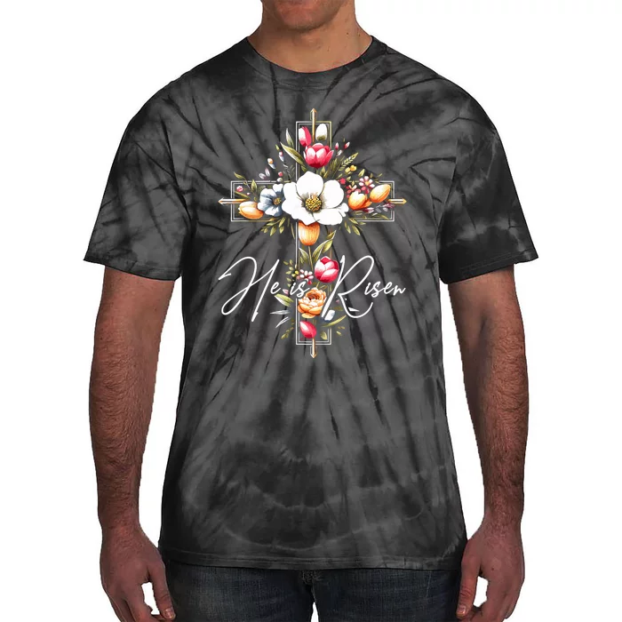 He Is Risen Jesus Christian Happy Easter Floral Cross Tie-Dye T-Shirt