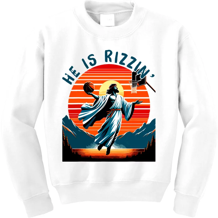 He Is Rizzin Basketball Jesus Retro Easter Christian Kids Sweatshirt