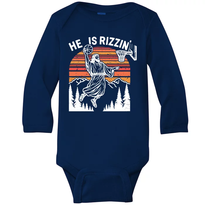 He Is Rizzin Easter Jesus Christian Basketball Baby Long Sleeve Bodysuit